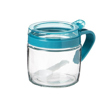 Recipient Condimente, Cyrax, din Stilca, 180 ml, cu Maner si Lingurita, 8 x 9 cm, Capac Transparent, Albastru