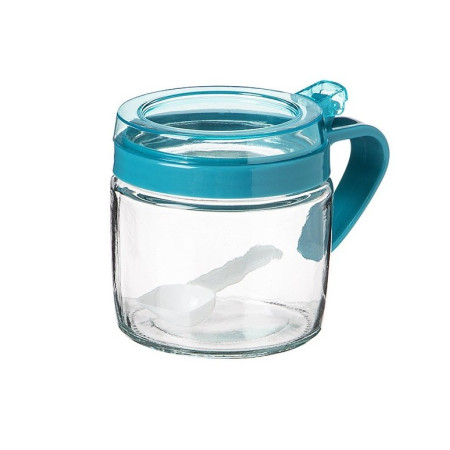 Recipient Condimente, Cyrax, din Stilca, 180 ml, cu Maner si Lingurita, 8 x 9 cm, Capac Transparent, Albastru
