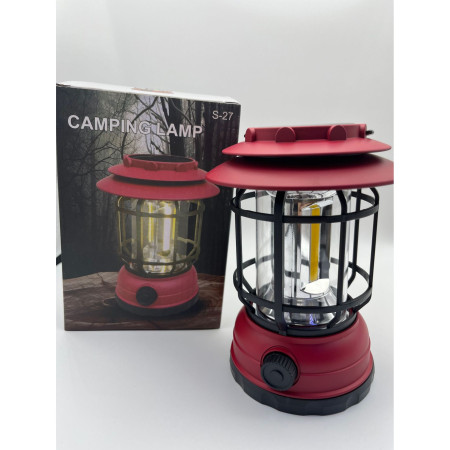Lampa portabila camping, Felinar Vintage, ABS, Iluminare 30 COB LED, Intensitate reglabila, Acumulator inclus, Incarcare Solara si USB, 5W,  Rosu