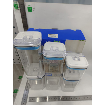 Cutii de Depozitare Alimente, Cyrax, Set din 5 Cutii de tip Container, 1x0.5 l, 2x0.8 l, 1x1.2 l, 1x1.9 l, Recipiente pentru Cereale in Bucatarie,  Transparente cu Capac Albastru-Alb