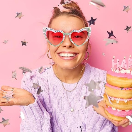 Ochelari Decorativi, Cyrax, Model Birthday Queen, cu Diamante, pentru Aniversari, din PC, 15.3 x 5.7 x 14.5 cm, Roz