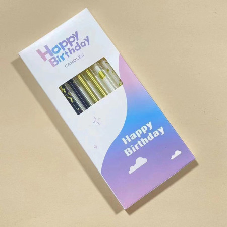 Set 6 Lumanari Lungi, Cyrax, din Parafina, 10 x 0.5 cm, Happy Birthday, Alb/Negru/Auriu