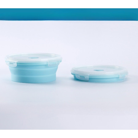 Set 2 caserole rotunde pliabile Cyrax, din silicon, rezistenta la temperaturi ridicate, usor de depozitat si curatat, 500 si 800 ml, utilizare in cuptorul cu microunde, albastra