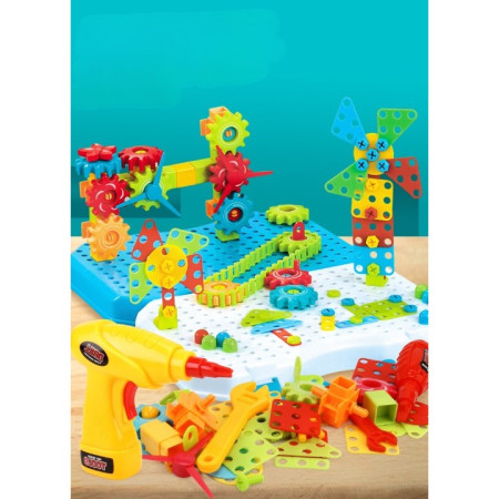 Jucarie Educativa Si Interactiva, Cyrax, Set De Constructie Puzzle Din ABS Cu Bormasina Pentru Dezvoltatea Creativitatii Si A Indemanarii 2D si 3D, Valiza, +3, 31x7x25 cm, 338 Piese