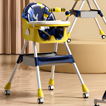Scaun de Masa pentru Bebelusi si Copii, Cyrax, 2 Tavite cu Jucarii si Husa Detasabile, Multifuncțional, Stabil, Centura de Siguranta, Spatar Reglabil Moale, Balansoar, Cos de Depozitare, de la 6 Luni, 97x73x65cm, Galben
