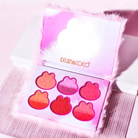 Set de Machiaj Kevin&Coco, 6 culori Blush, Husa Pufoasa, Model Pisicuta, 17.3x12.5x5 cm, Multicolor