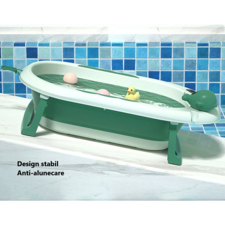 Cada de Baie, Cyrax, pentru Copii 0 luni - 6 Ani, cu Termometru, Pliabila, Perna Suport Inclusa, din Plastic, 81.5 x 49 x 21.5 cm, Verde