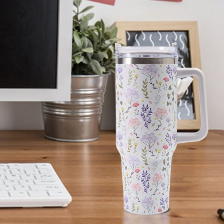 Cana Termos din Plastic, Cyrax, pentru Bauturi Calde si Reci, cu Maner, Imprimeu Floral,  Alb, 10x7.6x27.5 cm