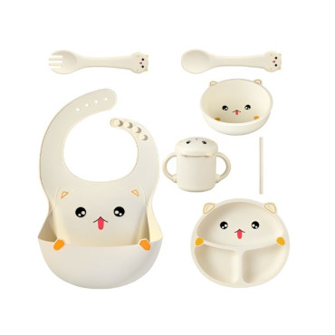 Set 7 Piese Hranire Bebelusi si Copii, Cyrax, din Silicon, fara BPA, de la 12 Luni, Model Pisicuta, 30 x 25 x 6 cm, Bej