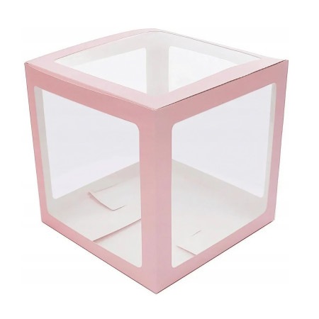 Set 4 Cutii pentru Baloane, Cyrax, Model Scris Love, Tematica Iubire, Cuburi Decorative din Plastic, Accesorii pentru Petrecere, 30 x30 cm, Transparente Contur Roz