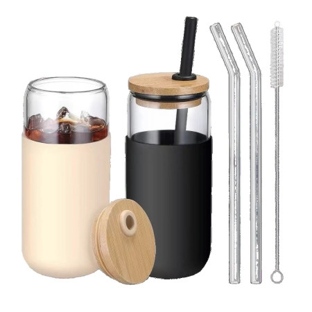 Set 2 Pahare din Sticla Termoizolante Transparente, Cyrax, Capace si Paie Incluse, 500 mL, Silicon Negru si Crem