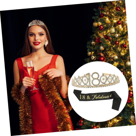 Set 2 Piese pentru Majorat, Cyrax, 15 x 13 x 5 cm, Coronita Printesa Gold si Panglica 18&Fabulous, Negru