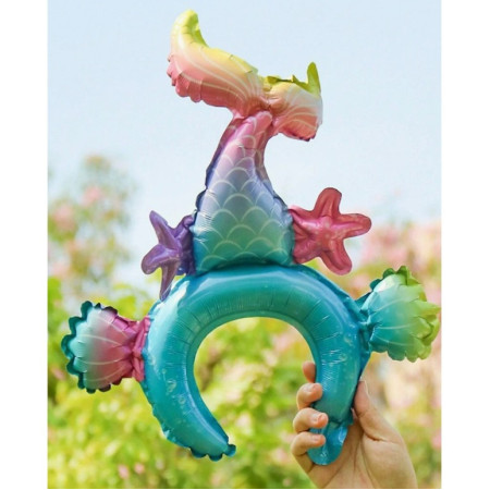 Balon din Folie Metalizata, Cyrax, Tip Coronita, Model Sirena, Ambalaj Individual, Pai Inclus, Umflare cu Aer sau Heliu, 43 x 50 cm, Multicolor