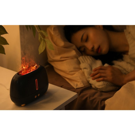 Umidificator de tip flacara,  cu aromaterapie, 7 culori, 250 ml, negru