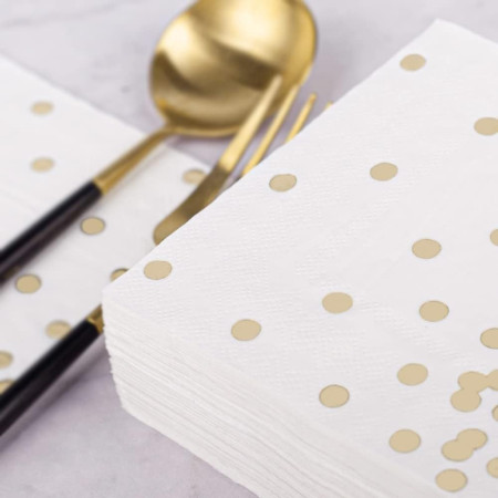 Set 20 de Servetele de Masa, Cyrax, Imprimeu cu Buline Aurii, din Hartie, 17 x 17 cm, Alb