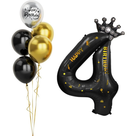 Balon din Folie Metalizata Cyrax, Figurina Cifra si Coroana, Scris Happy Birthday, Tema Aniversare 100 cm, Ambalaj Individual, Pai inclus, Umflare cu Aer sau Heliu, Negru, Cifra 4