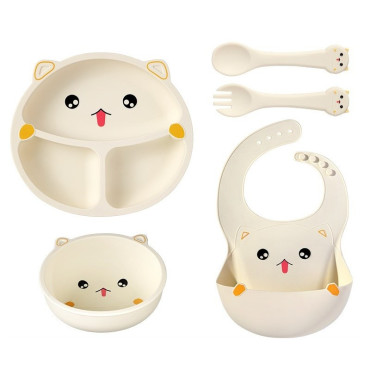 Set 5 Piese Hranire Bebelusi si Copii, Cyrax, din Silicon, fara BPA, de la 12 Luni, Model Pisicuta, 28 x 26 x 2 cm, Bej