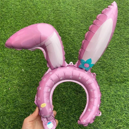 Balon din Folie Metalizata, Cyrax, Tip Coronita cu Urechi, Model Iepure, Ambalaj Individual, Pai Inclus, Umflare cu Aer sau Heliu, 38 x 45 cm, Roz