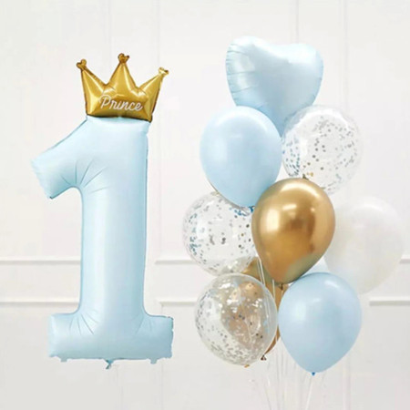 Balon din Folie Metalizata, Cyrax, Figurina Cifra 1, Model Coroana Print, 91 cm, Ambalaj Individual, Pai inclus, Umflare cu Aer sau Heliu, Albastru