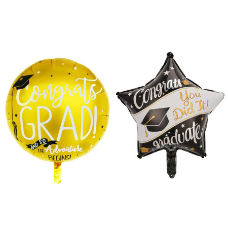 Set 2 Baloane din Folie Metalizata, Cyrax, Figurine Stea 45 cm si Minge 63x53 xm, Model Absolvire, Ambalaj Individual, Pai Inclus, Umflare cu Aer sau Heliu, Multicolor