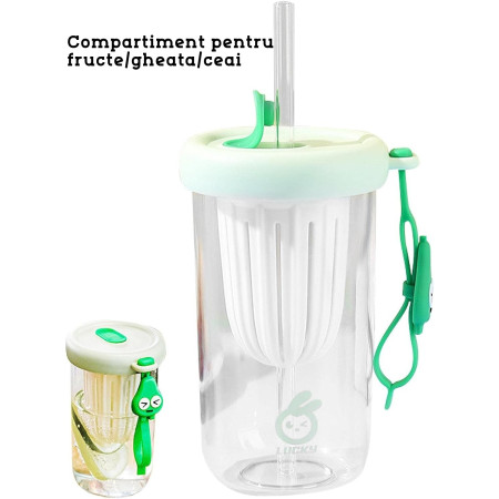 Pahar din silicon, cu capac si pai, pentru copii, Cyrax, anti-cadere, compartiment pentru fructe/ceai/gheata, rezistent la temperaturi inalte, 500ml, Verde, 14.5x8.8x20 cm