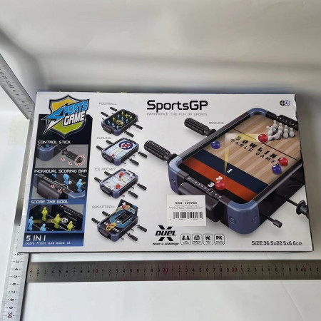 Masa de Joc 5in1  Cyrax, cu Teren Schimbabil de Fotbal, Basket, Bowling, Curling si Hockey, cu Tablou Scor, din ABS, 36.5x22.5x6.6 cm, Design Multicolor, pentru Copii/ Adulti