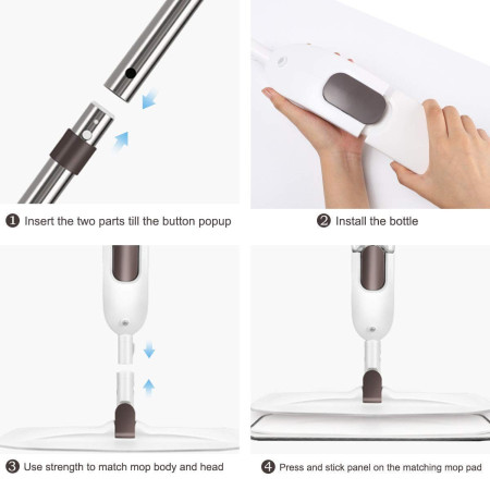 Mop plat,  cu pulverizator, pentru uz casnic, plastic, rezerva de mop din microfibra, 125x40 cm, Alb/Mov