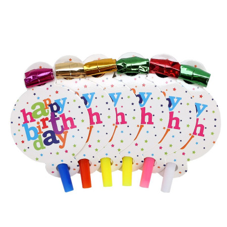 Set 6 Suflatori, Cyrax, Colectia Happy Birthday, 19 x 11 cm, din Carton/Plastic/Hartie, Multicolor