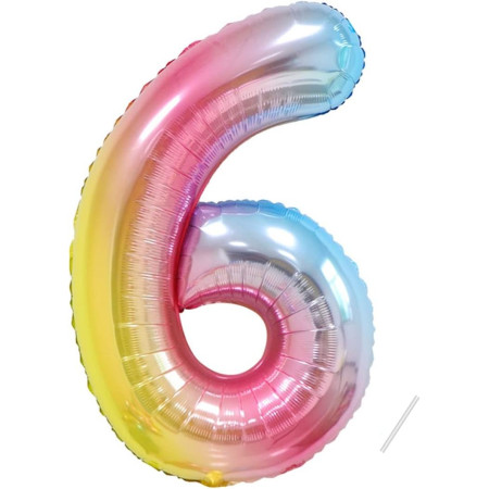 Balon din Folie Metalizata Gradient Cyrax, Figurina Cifra, Tema Aniversare 100 cm, Ambalaj Individual, Pai inclus, Umflare cu Aer sau Heliu, Multicolor, Cifra 6