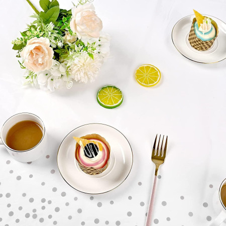 Fata de Masa, Cyrax, din PEVA, Imprimeu Buline, 137 x 274 cm, Impermeabila, Fara Pete, Curatare Rapida, Argintiu