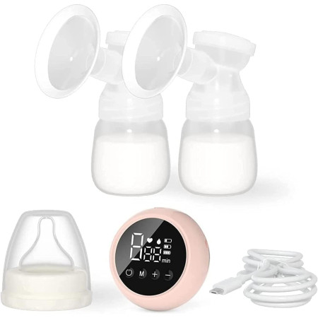 Pompa de San Electrica 2 in 1, Cyrax, cu 2 Biberoane, Capacitate 180 ml, Incarcare USB Tip C, 1200 mAh, 2 Moduri, 9 Viteze, Roz Transparent