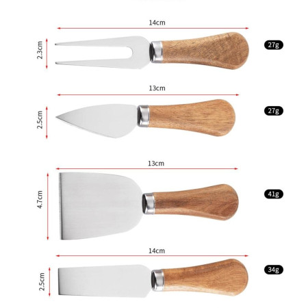 Set 4 cutite pentru branza Cyrax, din otel inoxidabil, maner din lemn de salcam, pentru branza sau unt, 15 x 6.3 x 3 cm, argintiu