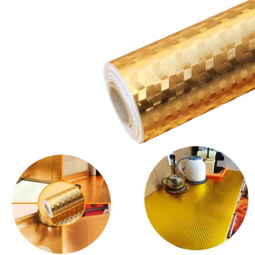 Autocolant de Bucatarie, Cyrax, Autoadeziv, Impermeabil, Rezistent la Temperaturi Ridicate, din PVC, 60 x 100 cm, Model Cub 3D, Auriu