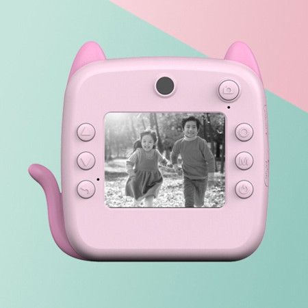 Camera Instantanee pentru Copii, Cyrax, cu Functie de Printare, Camera Frontala + Selfie, Cablu USB-C, Bluetooth, Compatibil iOS/Android, Imprimare APP, Model Pisica, Roz