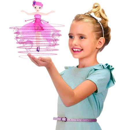 Papusa Zana Zburatoare, Cyrax, Jucarie cu Senzor pentru Coordonarea Miscarilor, Incarcare USB, cu Lumini, 19x6.5 cm, Roz