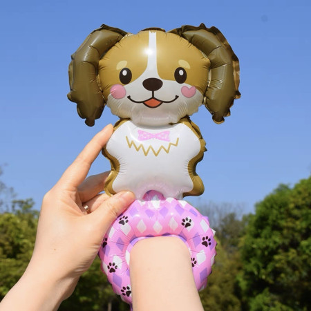 Balon din Folie Metalizata, Cyrax, Figurine Animalute, Tip Bratara, Model Caine, Ambalaj Individual, Pai Inclus, Umflare cu Aer sau Heliu, Maro