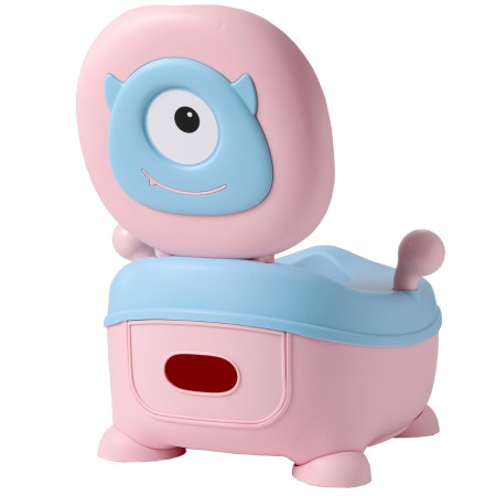 Olita pentru Copii, Cyrax, +6 luni, Compartiment Detasabil, cu Capac, Antiderapanta, din Plastic, Colac Moale, Model Animat Ciclop, cu Maner, 33 x 21 x 45 cm, Albastru/Roz