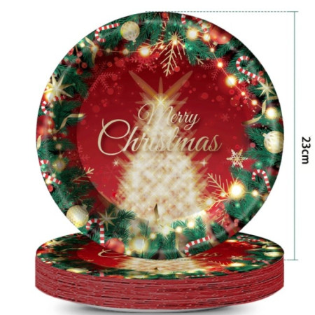 Set 16 Farfurii de Unica Folosinta, Cyrax, Model Brad de Craciun Merry Christmas, Tematica Craciun, 23 cm, Rosu/Verde