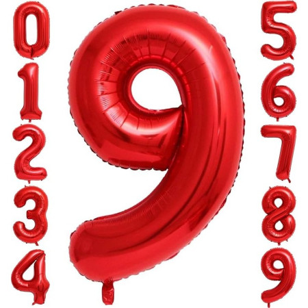 Balon din Folie Metalizata Cyrax, Figurina Cifra, Tema Aniversare 40 cm, Ambalaj Individual, Pai inclus, Umflare cu Aer sau Heliu, Rosu, Cifra 9
