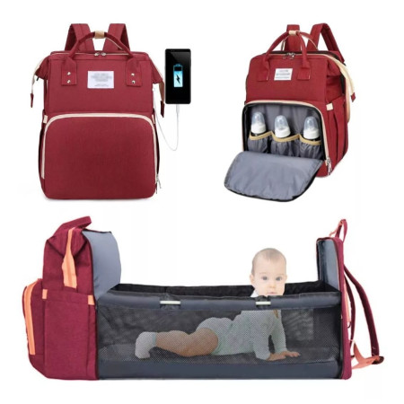 Rucsac Multifunctional pentru Mamici, Cyrax, cu Patut Pliabil si Baza de Schimbat, Rezistent la Apa, Capacitate Mare, Usor, Compartimente Multiple, Buzunar Termic pentru Lapte, 42 x 32 x 22 cm, Rosu