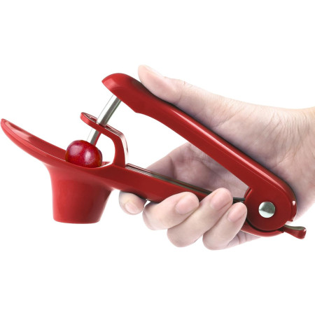 Dispozitiv de Scos Samburi, Cyrax, Manual, cu 1 Gaura, pentru Cirese/Masline, 20.5 x 3.8 x 13 cm, din ABS+Otel Inoxidabil, cu Maner, Rosu