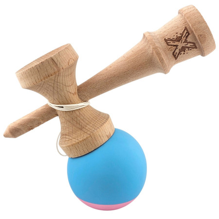 Jucarie Interactiva Kendama Profesionala, Cyrax, din Lemn, 18 cm, Joc de Indemanare pentru Copii si Adulti, Bicolor Turcoaz Roz