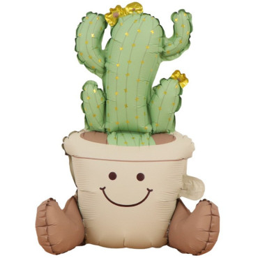 Balon din Folie Metalizata, Cyrax, Figurina Animata, Model Ghivechi Cactus, 57.5 x 56 cm, Ambalaj Individual, Pai Inclus, Umflare cu Aer sau Heliu, Verde