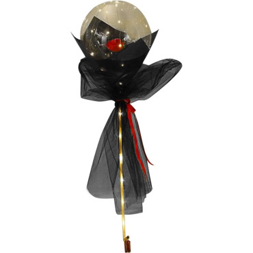 Buchet Decorativ, Cyrax, Trandafir in Balon cu Lumini Led, Diametru 35 cm, 2 x Baterii AA (neincluse), Rosu/Negru