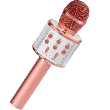 Microfon Karaoke, Cyrax, pentru Copii, Bluetooth, Boxa Incorporata, Compatibil cu Orice Smartphone, Acumulator Integrat, Multifunctional, Rose Gold