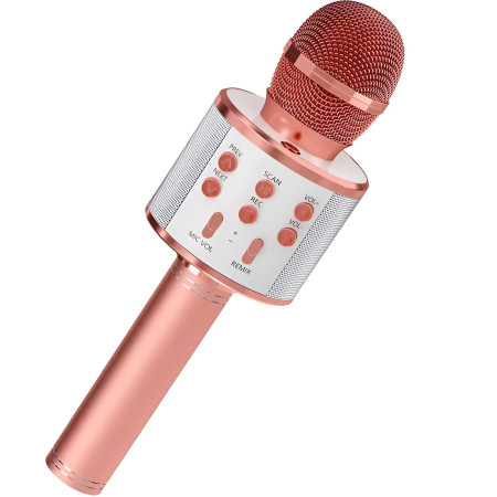 Microfon Karaoke, Cyrax, pentru Copii, Bluetooth, Boxa Incorporata, Compatibil cu Orice Smartphone, Acumulator Integrat, Multifunctional, Rose Gold