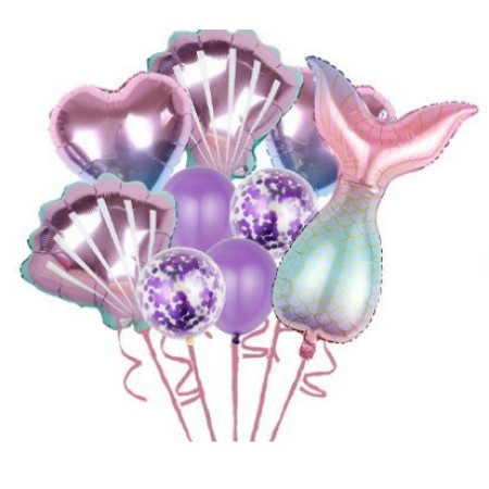 Set baloane aniversare pentru fetita, set din 9 baloane, Cyrax, Tematica Sirene, 5 Baloane Folie, 4 baloane latex, cu inimii Mov metalizat