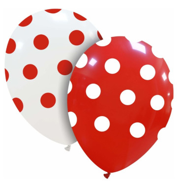 Set 10 Baloane din Latex, Cyrax, Model Party cu Buline, 30 cm, Alb si Rosu, 2.8 g