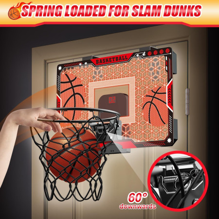 Cos de Baschet pentru Copii, Cyrax, cu Tablou de Bord Electronic, Minge, Pompa, 2 Moduri, Interior/Exterior, Inel Metalic si Rabatabil cu Arc, Luminos, 41x27.5x5 cm, Multicolor