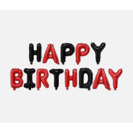 Set Baloane din Folie Metalizata, Cyrax, Model Happy Birthday, Litere de 40 cm, Baloane Party, Ambalaj Individual, Pai, Ata si Adeziv Incluse, Umflare cu Aer sau Heliu, Rosu-Negru